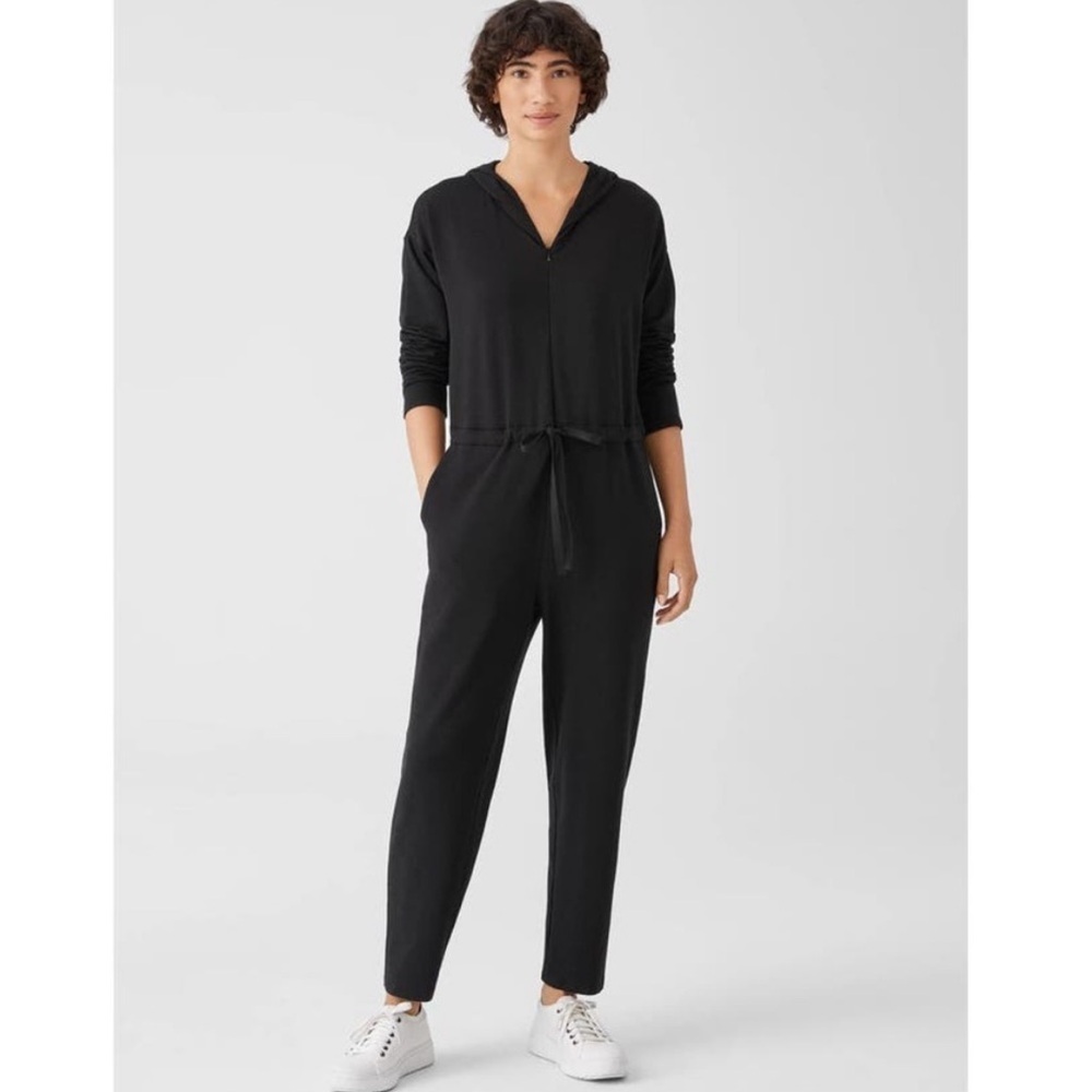 Eileen Fisher Cozy Brushed Terry Hooded Jumpsuit Black